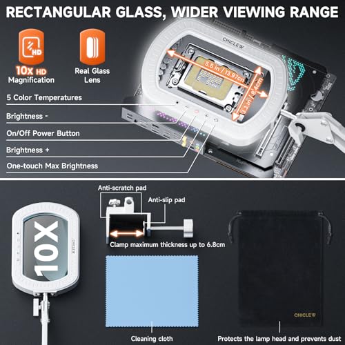 10X Rectangle Magnifying Lamp, Large Magnifying Light with 5 Color Modes | Magnifying Glass with light and Clamp, Hands Free, for Close Work, Crafts, Jeweller Repair, Painting, Hobbies - color: White