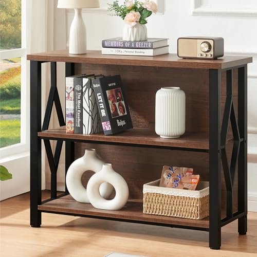 HOMISSUE Bookshelf, 3-Tier Rustic Short Bookshelf, Industrial Shelf Bookcase with Engineered Wood Shelves, Low Bookcase with Storage, Small Shelf for Living Room, Bedroom and Office, Rustic Brown - color: Rustic Brown, size: 3-tier (35.4"W x 30.9"H x 12.6