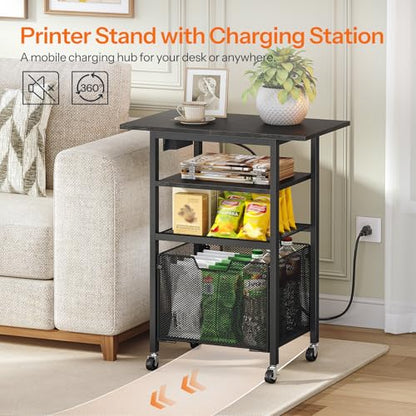 HOOBRO Printer Stand with Hanging File Drawer, Rolling Printer Cart on Wheels, Mobile Filing Cabinet Storage Shelf, Home Office Desk Side Organizer, Black BB17UPS01 - color: Black