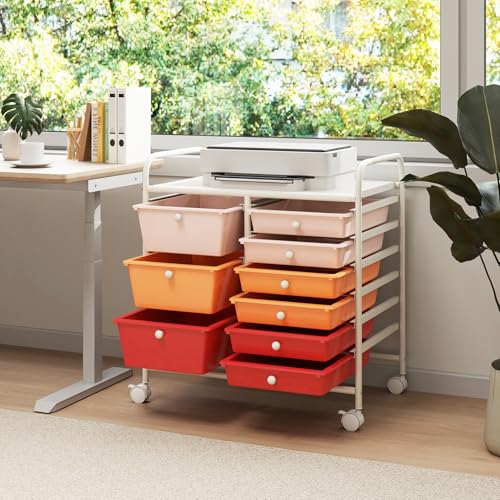 RELAX4LIFE 9 Drawer Rolling Storage Cart - Mobile Drawer Carts for Craft Art Supply Paper Salon, Utility Cart on Wheels for Classroom Teacher School Office, Rolling Cart with Drawers (Macaron) - color: Macaron, style: 9 Drawers