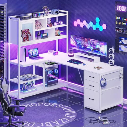 SEDETA 58'' L Shaped Computer Office Desk with 3 Drawers and Bookshelf - color: White