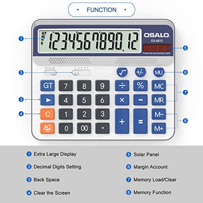 Desktop Calculator Extra Large 5-Inch LCD Display 12-Digit Big Number Accounting Calculator with Giant Response Button, Battery & Solar Powered, Perfect for Office Business Home Daily Use(6815-2pcs) | Desktop Accounting Calculator and Adding Machine Set,