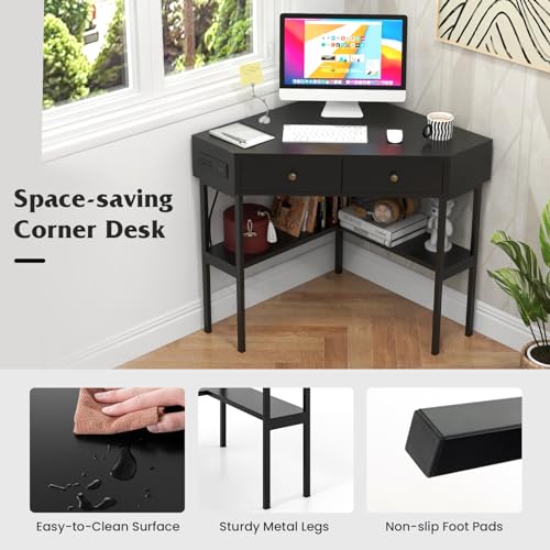 Tangkula Corner Desk with 2 Drawers & Built-in Charging Station, 90 Degrees Triangle Computer Desk for Small Space, Bedroom Makeup Vanity Desk with Storage Shelves, Corner Writing Desk