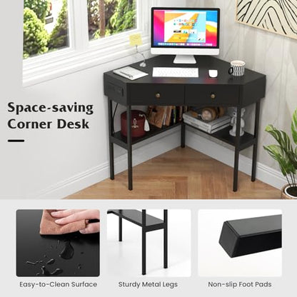 Tangkula Corner Desk with 2 Drawers & Built-in Charging Station, 90 Degrees Triangle Computer Desk for Small Space, Bedroom Makeup Vanity Desk with Storage Shelves, Corner Writing Desk