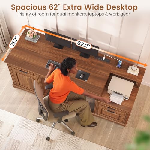 SEDETA Farmhouse Executive Desk, 62'' Home Office Desk with File Drawers, 3Drawer and Storage Cabinet, Computer Desk with Power Outlet for Home Office, Work Study Writing, Walnut - color: Walnut