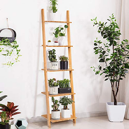 Tangkula Bamboo 5-Tier Ladder Shelf Bookshelf, Wall-Leaning Bookshelf, Plant Flower Stand, Storage Display Shelves for Living Room Bathroom Office, Multifunctional Ladder Bookcase (Natural) - size: 17" x 14" x 65" (L x W x H)
