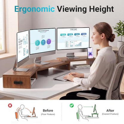 BONTEC Triple Monitor Stand Riser with Smartphone Holder, Walnut - color: Walnut, size: 53.3 in