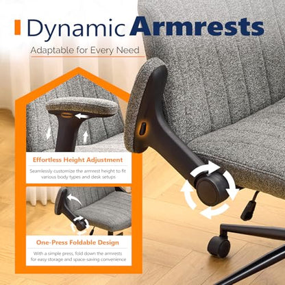 VINGLI Criss Cross Chair with Adjustable Flip-Up Arms,Cross Legged Chair with Wheels, Extra Wide Office Chair,Cozy Desk Chair for Home Office, Vanity, Apartment,Chenille Velvet,Grey - color: Grey