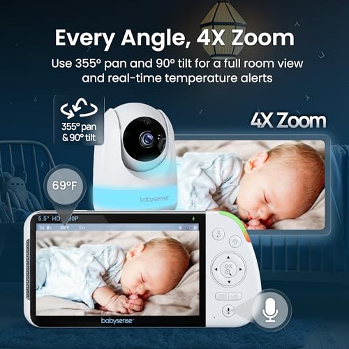 Babysense PRO Non-WiFi Full HD 5.5" Split Screen Baby Monitor with Camera and Audio, 6-Color Night Light, White Noise, Sound & Light Machine, 20-Hour Battery, Hack-Proof Secure Connection - size: 5.5 Inch 1 CAM