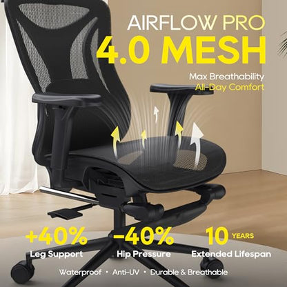 CYKOV Ergonomic Office Chair with Footrest - Adjustable Lumbar Support & Headrest, 90-160° Reclining Mesh Back Computer Chair - Home Office/Gaming, 350lbs Capacity (B-Black, Mesh) - color: B-black