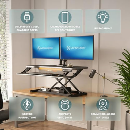 VERSADESK PowerPro Elite 36” - Electric Adjustable Desk Converter with Programmable Controller and USB Hub. Mobile App Controllable. Removable Keyboard Tray - Powerful Riser Lifts 80 lbs – Black - color: Black, size: 36" Wide