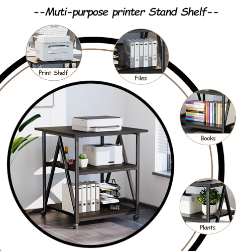 Arbuxzuy 3-Tier Printer Stand, Large Printer Table with Storage, Industrial Printer Storage Cart with Wheels, Rolling Printer Stand for Heat Press Scanner Fax, Black - color: Black