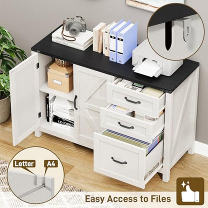 Farmhouse File Cabinet with Doors, Lateral Filing Cabinet, White and Black - color: White and Black, size: 15.75"D x 41.02"W x 28.23"H