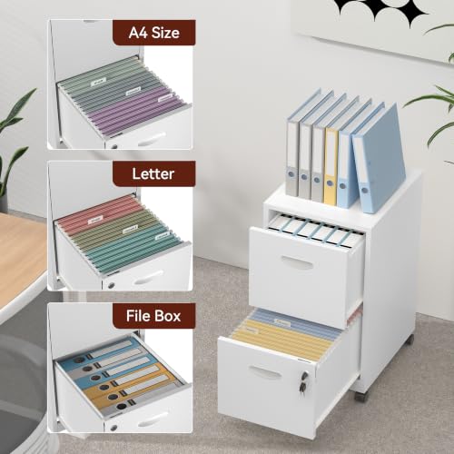 Metal 2 Drawer File Cabinet with Lock & Wheels for Office, White - color: White, style: 2 Drawers Mobile File Cabinet