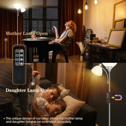 GERGO Torchiere Floor Lamp with Remote Control and Adjustable Reading Light - color: Brushed Nickel