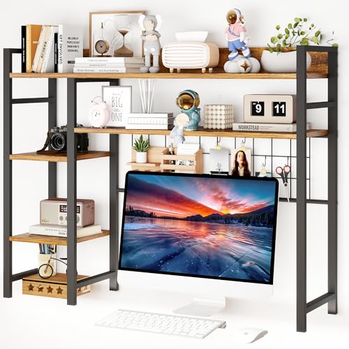 WAYTRIM Desk Shelf, Wood Desk Organizer Shelf 4 Tier Countertop Desktop Bookshelf Cubicle Storage Rack Top of Desk, Desk Hutch Dorm for Top of Desk Pegboard Hooks Set Desktop Display Rack (Brown) - style: 4-Tire