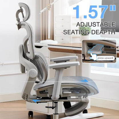 Ergonomic Mesh Office Chair with 2-Zone Lumbar Support and Footrest,Grey | Big and Tall, 400LBS, Adjustable Seat Depth, 4D Headrest, 4D Armrests Swivel Executive Chair for Home Office - color: Grey