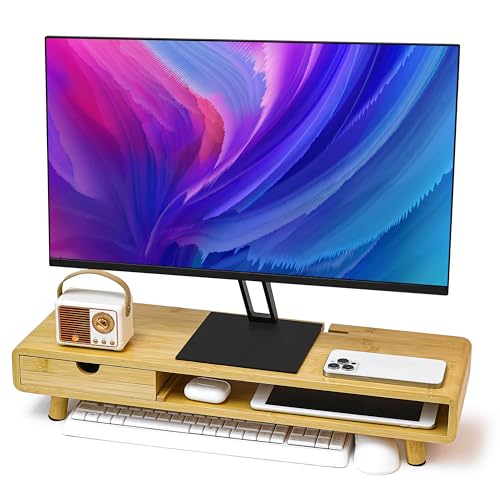 Homerays Monitor Stand with Drawer, Exquisite Computer Monitor Stand for Desk, Ergonomic Wood Monitor Stand Riser for Computer,Laptop,Printer,TV,Upgrade Bamboo - color: Upgraded Bamboo