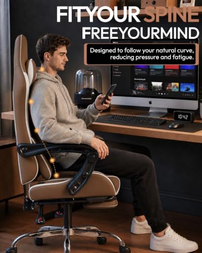 Dowinx Ergonomic Gaming Chair with Footrest & Massage Lumbar, 2D-Linkage Armrests for Computer Chair 330lbs with Headrest Pillow for Office, Home, Streaming and Long Gaming Sessions, Fabric Brown - color: Brown