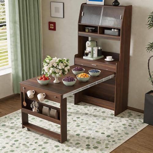 69 Inch Buffet with Hutch and Foldable Dining Table, Walnut | Walnut finish, MDF, dining room or apartment, foldable table, sliding glass doors, storage shelf, side hooks, 69 in H - color: Walnut Wood+mdf + Farmhouse