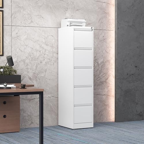 5 Drawer File Cabinet for Home Office, Vertical Filing Cabinet | Metal Lockable File Cabinet for Storage, Ideal for Legal/Letter/A4 Files, 64.2"H x 17.7"D x 15.2"W, Require Assembly, White - color: White, size: 64.2"H - 5 Drawer