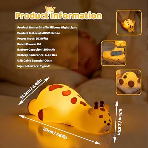 Kawaii Giraffe Lamp Silicone Night Light, Tap Control Squishy Baby Lights for Nursery, 3 Levels Dimmable Rechargeable LED Bedside Lamp with Timer, Giraffe Gifts for Toddler, Bedroom, Toy - color: Giraffe