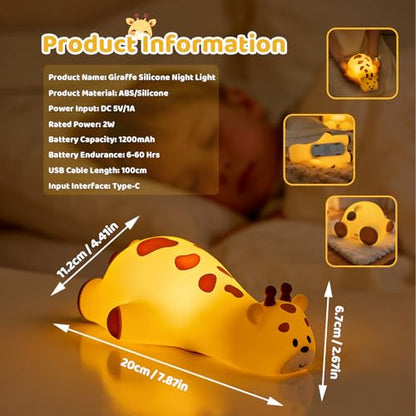 Kawaii Giraffe Lamp Silicone Night Light, Tap Control Squishy Baby Lights for Nursery, 3 Levels Dimmable Rechargeable LED Bedside Lamp with Timer, Giraffe Gifts for Toddler, Bedroom, Toy - color: Giraffe