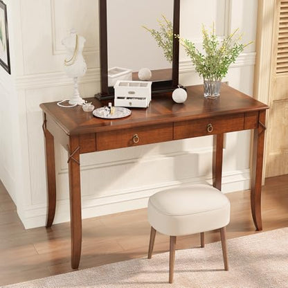 Solid Wood Writing Desk, Home Office Desks with 2 Storage Drawers, 46" Mid-Century Modern Walnut Tables, Computer Desk for Home Office, Easy Assembly Vanity Desk, Study Table Station BSZDR200 - size: 46.06"