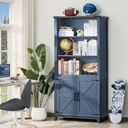 Joaxswe 70in Tall Bookshelf 5 Tier Bookcase with Barn Doors and Adjustable Shelves, Blue Farmhouse Book Shelf with Storage Cabinet, Wood Freestanding Display Bookshelves for Bedroom, Living Room - color: Blue, size: 1 Piece