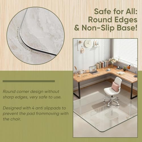 46" x 55" Glass Chair Mat for Carpet, 0.2" Thick Office Chair Mat | Heavy-Duty Tempered Glass With Crystal Clear Surface, Polished Rounded Edges Resists Scratches And Cracks For Smooth Rolling - size: 46" x 55"