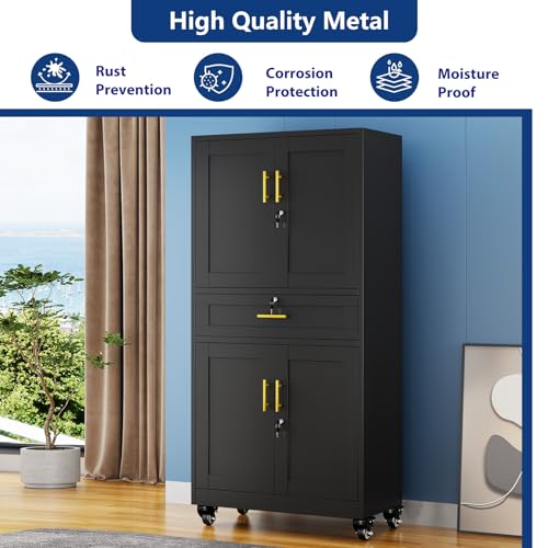 Ckzbx Metal Garage Storage Cabinet with Locking Drawers and Adjustable Shelves,74" H Rolling Tool Storage with Wheels for Garage,Office (Black)