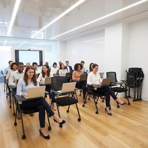 Updated Conference Room Chairs with Tablet Arm, Folding Office Desk Chair with Lumbar Support and Sliding Armrest with Casters, Stackable Office Guest Chairs & Reception Chairs, 4 Pack Black - color: Black With Tablet Arm, size: 4 Pack