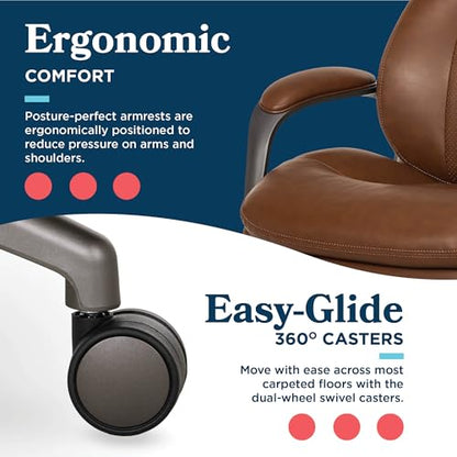 La-Z-Boy High-Back Ergonomic Office Chair, AIR Lumbar Support Leather Chair | Nova, 350lb Capacity Executive Task Chair, Padded Headrest & Arm, Layered Foam Seat Cushion, Swivel, Back Pain Relief, Cognac - color: Cognac
