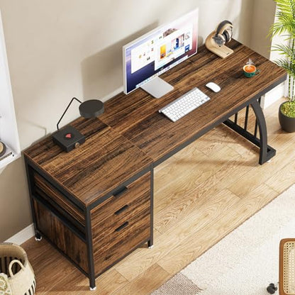 Tribesigns 59 Inch Computer Desk with 3 Drawers, Industrial PC Desk Study Writing Table Workstation with File Storage, Home Office Desks with Large Desktop and Metal Frame, (Rustic Brown) - color: Rustic Brown