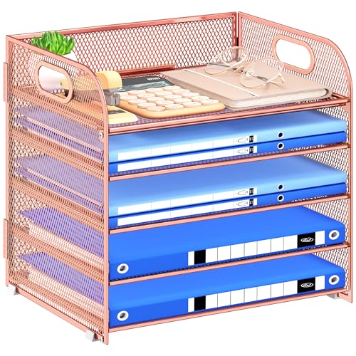 Paper Organizer Letter Tray with Handle Mesh 5 Trays | Desk File Organizer Paper Sorter Desk Organizer for Office, Home or School-Rose Gold - color: Rose Gold, size: 12.6" x 9.1" x 13.4"