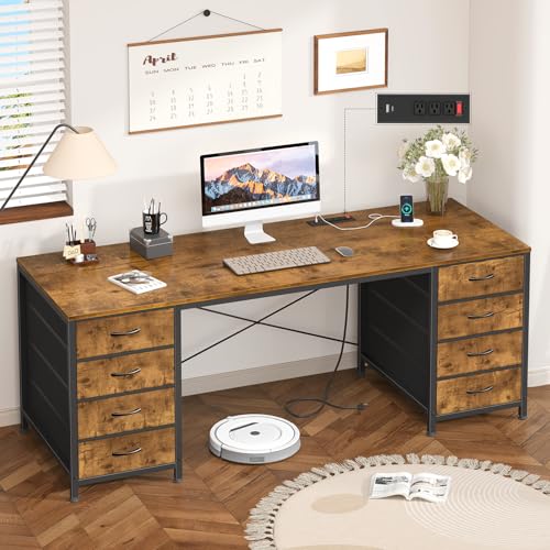 60 Inch Computer Desk with 8 Drawers for Home Office, Bedroom, Living Room | Home Office Desk with Power Outlets, Work Study Gaming Desk with 8 Fabric Drawers, White - color: Rustic Brown, size: 18.9"D x 59.8"W x 29.3"H