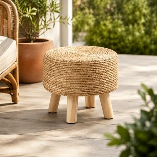 Wimarsbon Round Foot Stool Natural Seagrass Poufs Ottoman Hand Weave Footrest Stool for Couch Desk Extra Seat Step Stool with Solid Wood Legs for Hallway Patio Lounge Natural - color: Natural, size: 13"D x 13"W x 10.6"H