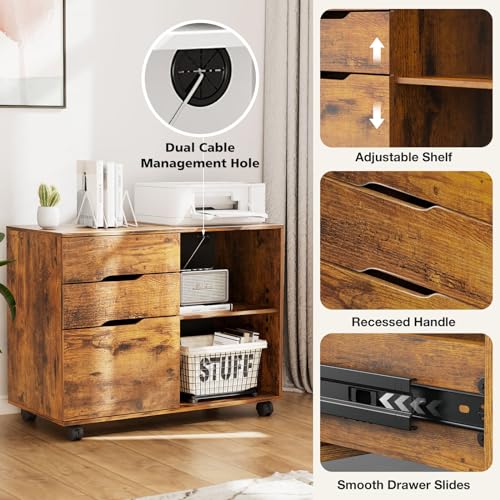DUMOS Wood File Cabinet with 3 Drawers, Rolling Printer Stand | Under Desk Storage Organizer Home Office Space with Shelves for Files and Office Supplies, Rust - color: Rust Wood