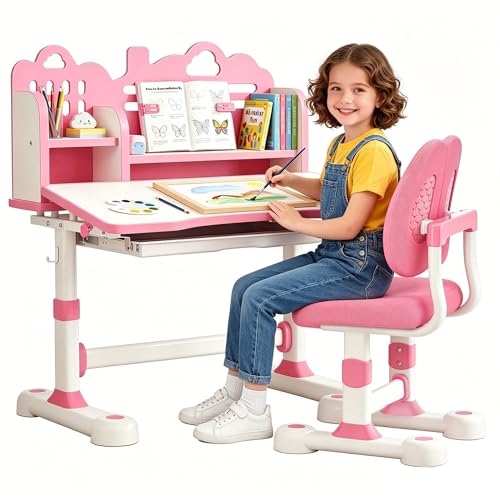 Kids Study Desk and Chair Set 3-12, Adjustable Children School Desk-10PINK | Height Adjustable | 50° Tilt Desktop | Book Stand & Metal Hook & Storage Drawer | Writing Drawing Table for Boys and Girls - color: 100-pink-27.5in