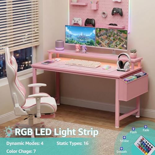 Lufeiya Girls Desk with Power Outlets and LED Lights, 40 Inch Gaming Desk Table with Charging Station, Home Office Computer Desks with Monitor, Pink - color: Pink, size: 39.4"