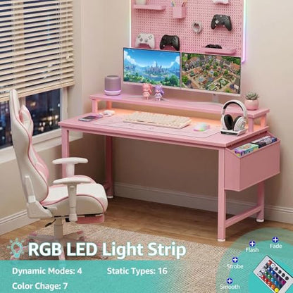 Lufeiya Girls Desk with Power Outlets and LED Lights, 40 Inch Gaming Desk Table with Charging Station, Home Office Computer Desks with Monitor, Pink - color: Pink, size: 39.4"