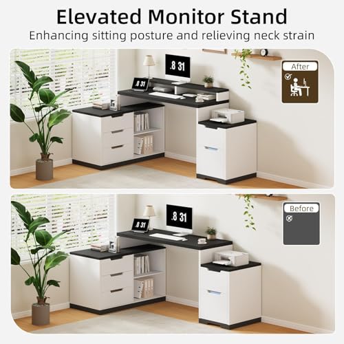 MaverickFurni L Shaped Desk with Drawers and Shelves, Home Office Desk with File Drawer for Work Writing Study, Corner Desk with Monitor Stand and Printer Shelf, White and Black