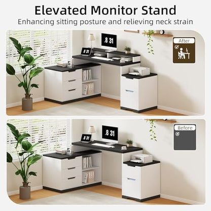 MaverickFurni L Shaped Desk with Drawers and Shelves, Home Office Desk with File Drawer for Work Writing Study, Corner Desk with Monitor Stand and Printer Shelf, White and Black
