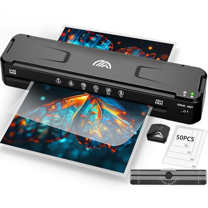 13 Inch Laminator Machine with 50 Laminating Sheets, Cold & Thermal | Built-in Paper Cutter & Corner Rounder, Fast Warm-Up No Jam A3 Laminator for Home School Office