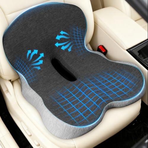 Denchy Memory Foam Car Seat Cushion with Back Support, Truck Driver Cushion | Seat Cushion with Lumbar Support Pillow for Long Driving, Orthopedic Butt Sitting Pad for Office Chair Pain Relief - color: Dark Gray + Light Gray