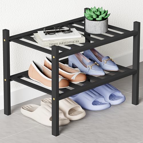 Smiry Bamboo Shoe Rack for Closet, 2 Tier - 17.32" Wide, Black | Stackable Wooden Shoe Organizer, Wood Shoe Storage Shelf for Entryway, 14 Vertical Slats, Reinforced Legs - color: Black, size: 2 Tier - 17.32" Wide