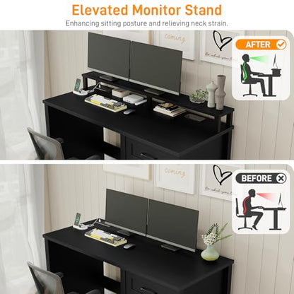 Vabches 47" Farmhouse Executive Desk with 4 Drawers,LED Lights, Pure Black - color: Pure Black, size: 4 Drawers & Monitor Stand