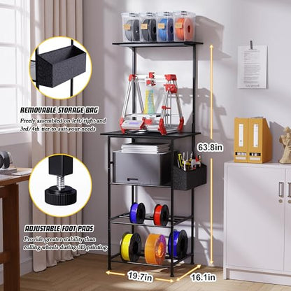 Emfogo 3D Printer Stand with Filament Storage, 5 Tier 3D Printer Table with Storage Bag, 3D Printing Desk Wall Anchorage for Home Office Workshop Studio (19.7" L×16.1" W×63.8" H)