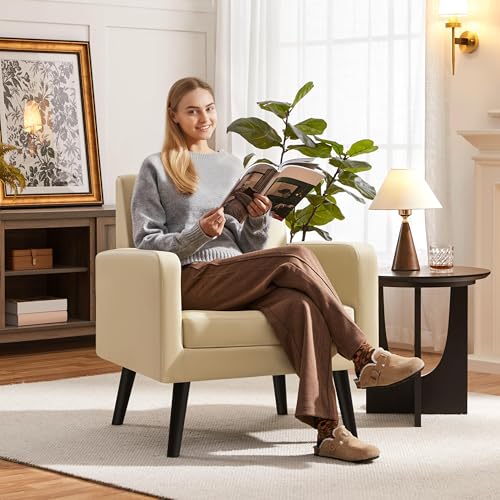 Yaheetech Mid Century Accent Chair Living Room Chair Retro Beige | Faux Leather Upholstered Sillones Para Sala, Modern Reading Nook Chair, Button Tufted Back, Rubberwood Legs, Bedroom Office - color: Beige, size: set of 1