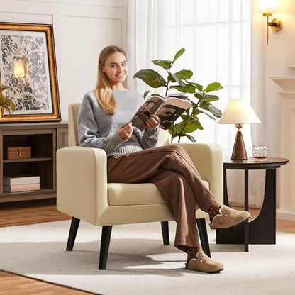 Yaheetech Mid Century Accent Chair Living Room Chair Retro Beige | Faux Leather Upholstered Sillones Para Sala, Modern Reading Nook Chair, Button Tufted Back, Rubberwood Legs, Bedroom Office - color: Beige, size: set of 1